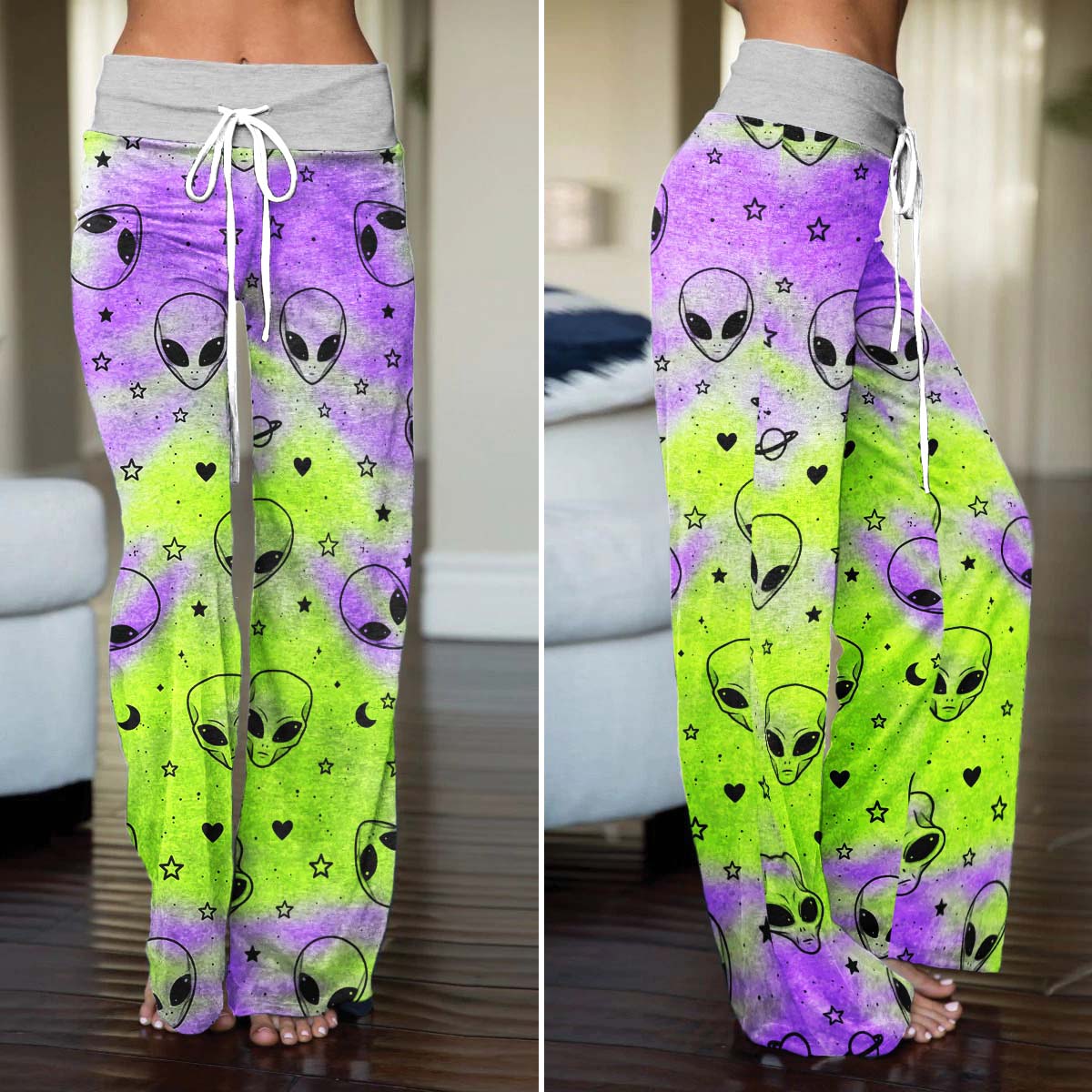 Neon Acid Alien Pattern Women's High-waisted Wide Leg Pants