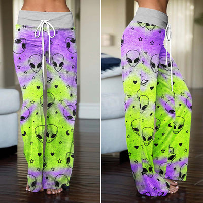 Neon Acid Alien Pattern Women's High-waisted Wide Leg Pants