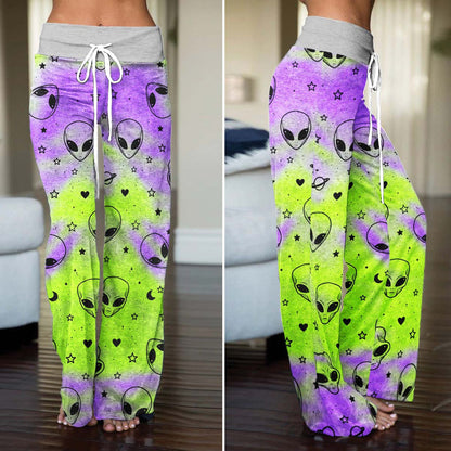 Neon Acid Alien Pattern Women's High-waisted Wide Leg Pants