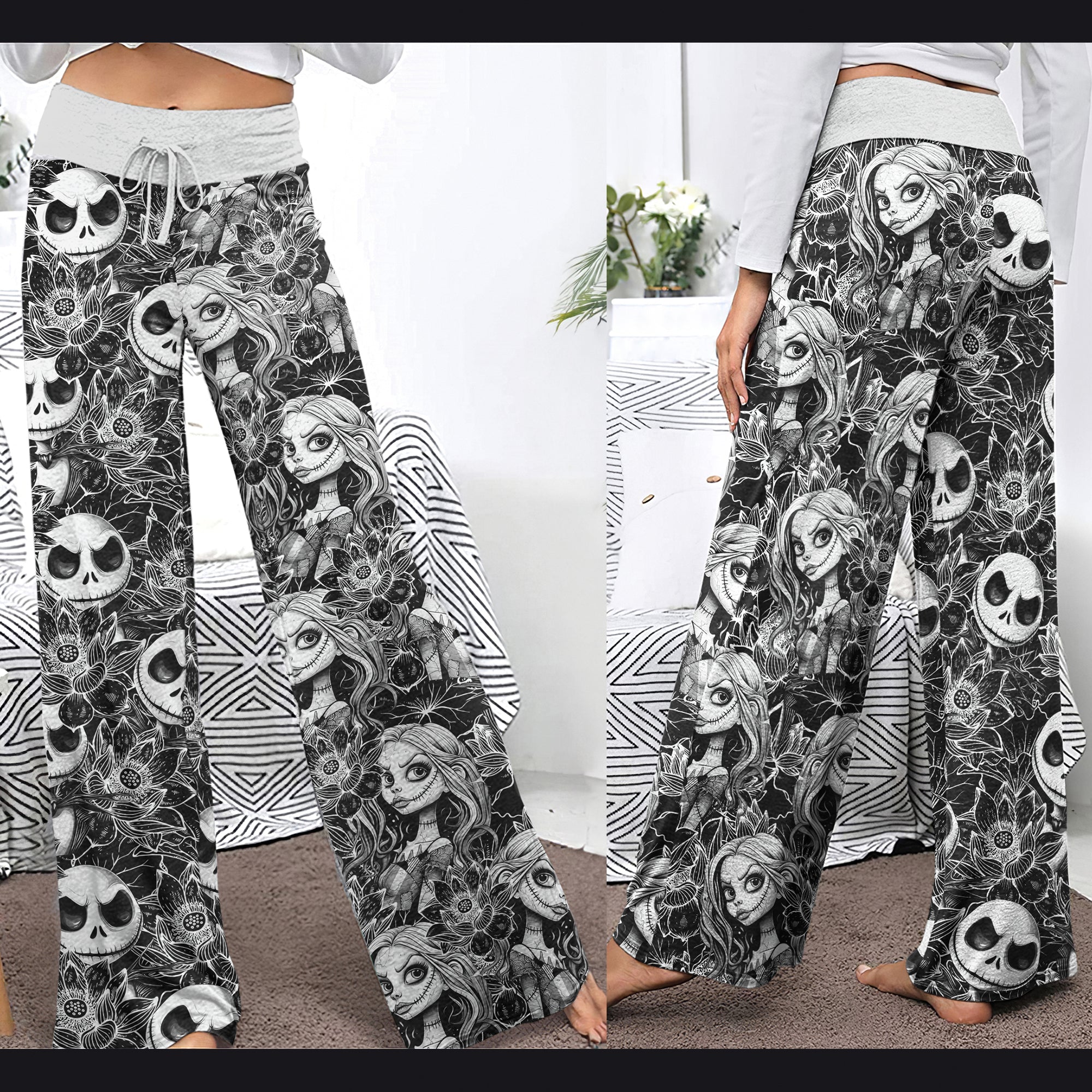 White Nightmare Couple Art Women's High-waisted Wide Leg Pants | Wonder Skull