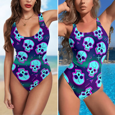 One Piece Bikini Retro Acid Skull Pattern Print Swimwear
