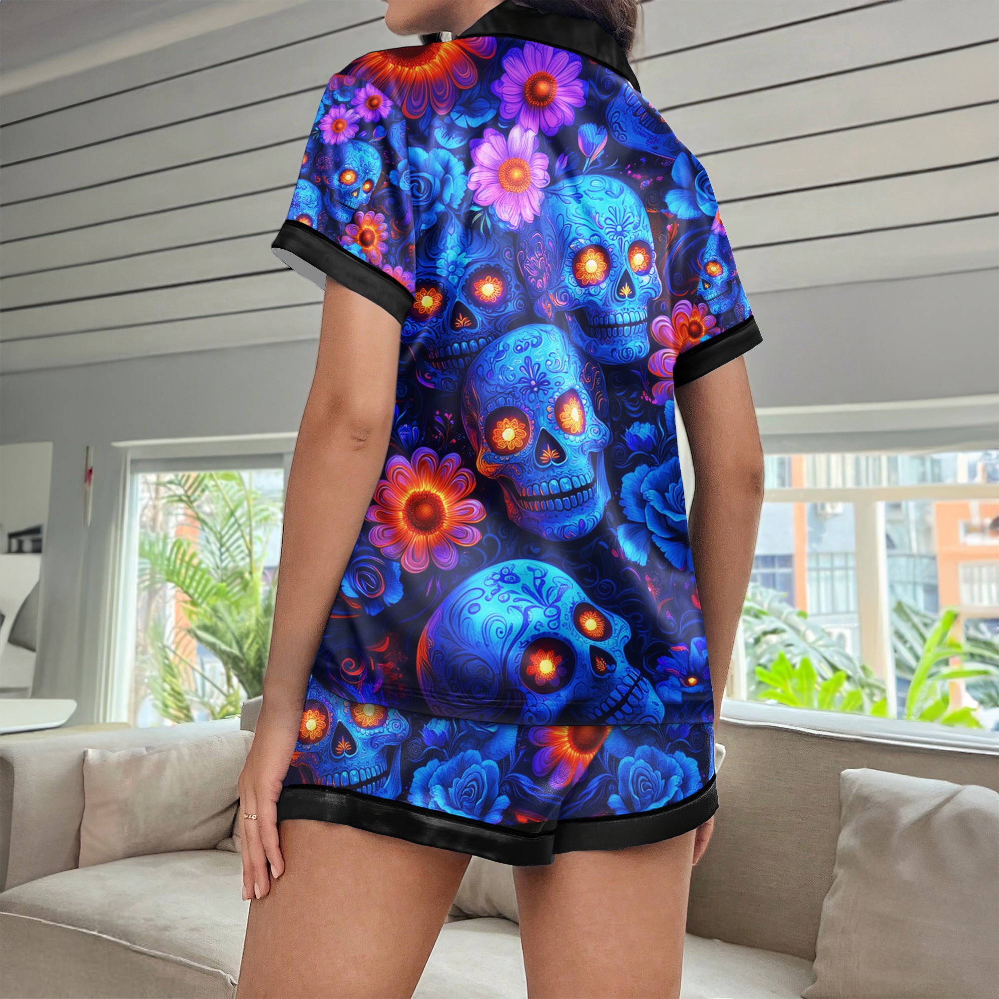 Blue Skull Flower Women's Pajama Sets Top Sleeve & Short Bottom