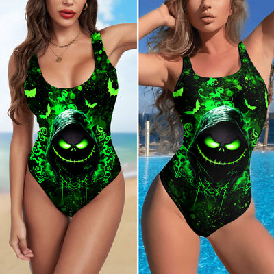 One Piece Bikini Green Dark Glow Skull Print Swimwear