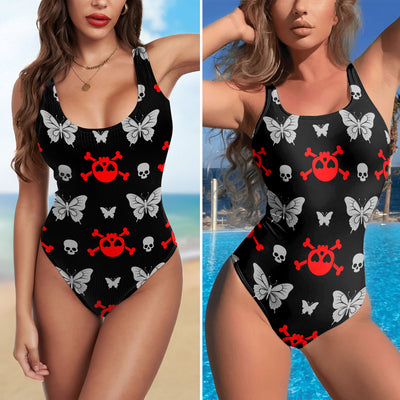 One Piece Bikini Crimson Punk Skull Pattern Print Swimwear