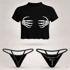 Wonder Skull  sheer mesh crop top and thong set delivers the perfect balance of comfortable and confident. Ultra-lightweight mesh fabric breathes freely against your skin while stretching gently to hug your natural curves without any restrictive squeezing. Playful lettuce edge trim at the neckline, sleeves, and hem adds cute feminine detail with soft ruffled texture. The flattering cropped length hits perfectly above your waist, creating an elongated silhouette that makes you feel amazing. Whether you're we