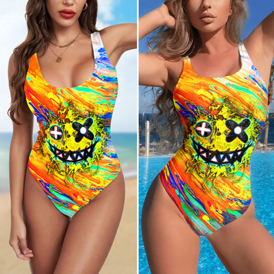 One Piece Bikini Abstract Skull Smiley Splash Print Swimwear