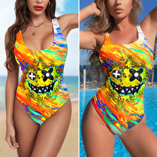 One Piece Bikini Abstract Skull Smiley Splash Print Swimwear