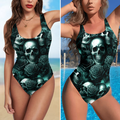 One Piece Bikini Dark Skulls Rose Print Swimwear