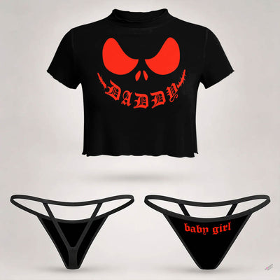 Stitched Skull Soul Mesh Lettuce Edge Crop Top Thong Set