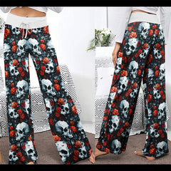 Skull Rose Gothic Women's High-waisted Wide Leg Pants | Wonder Skull