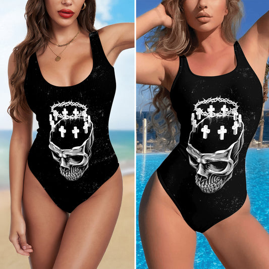 One Piece Bikini Black Crowned Skull Print Swimwear