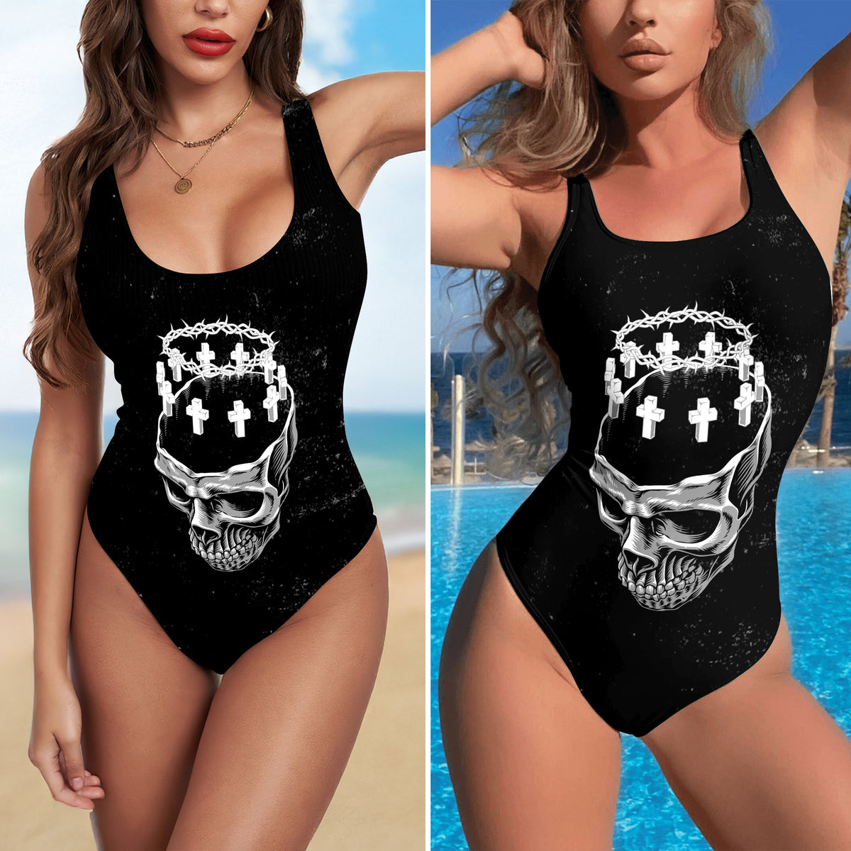 One Piece Bikini Black Crowned Skull Print Swimwear