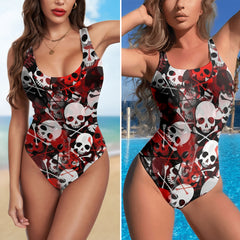 One Piece Bikini Blood Skull Noir Pattern Print Swimwear