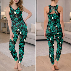 Cyan Skull Rose Pattern Tanktop and Leggings
