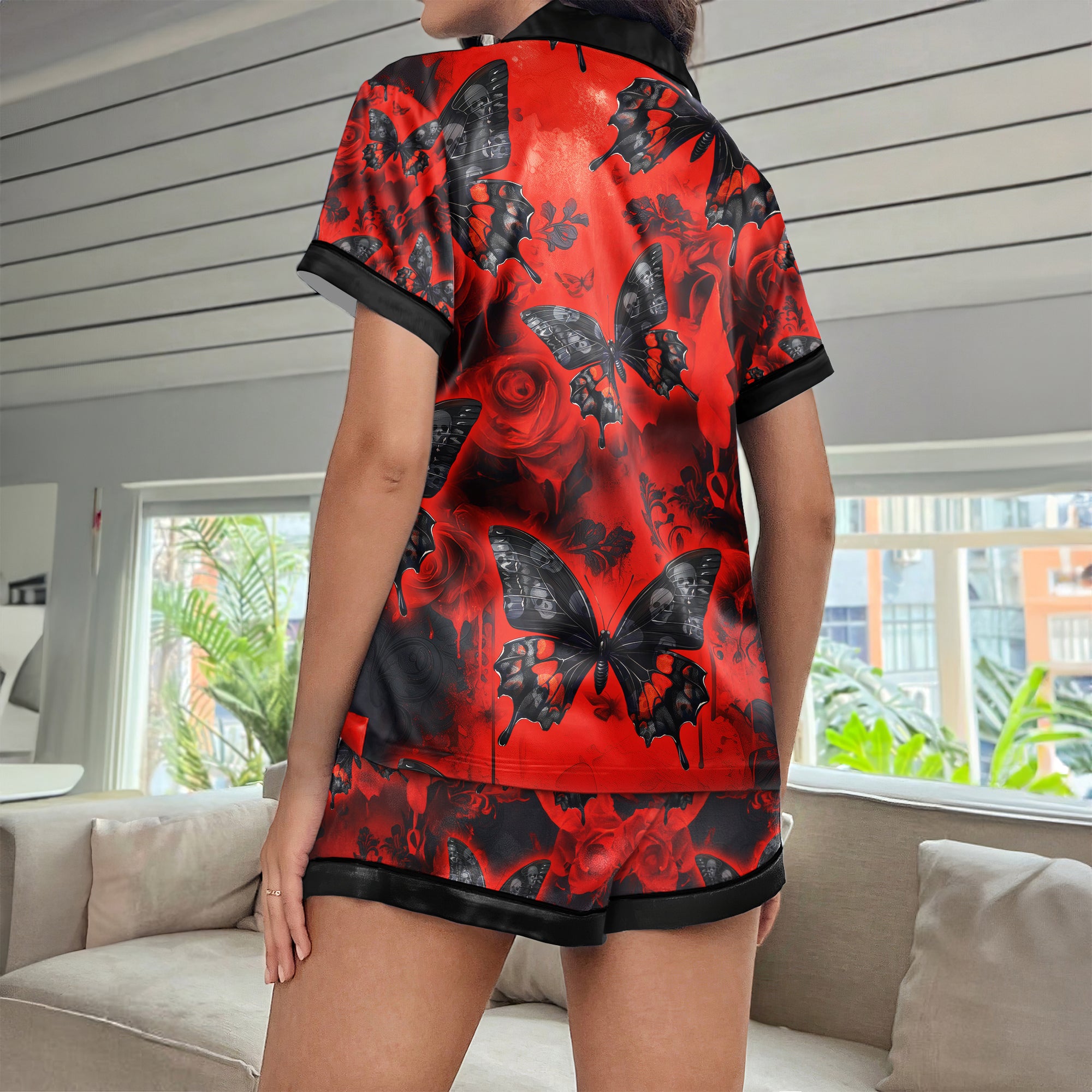 Butterfly Skull Red Pattern Women's Pajama Sets Top Sleeve & Short Bottom