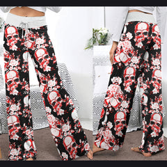 Floral Skull Abstract Women's High-waisted Wide Leg Pants | Wonder Skull