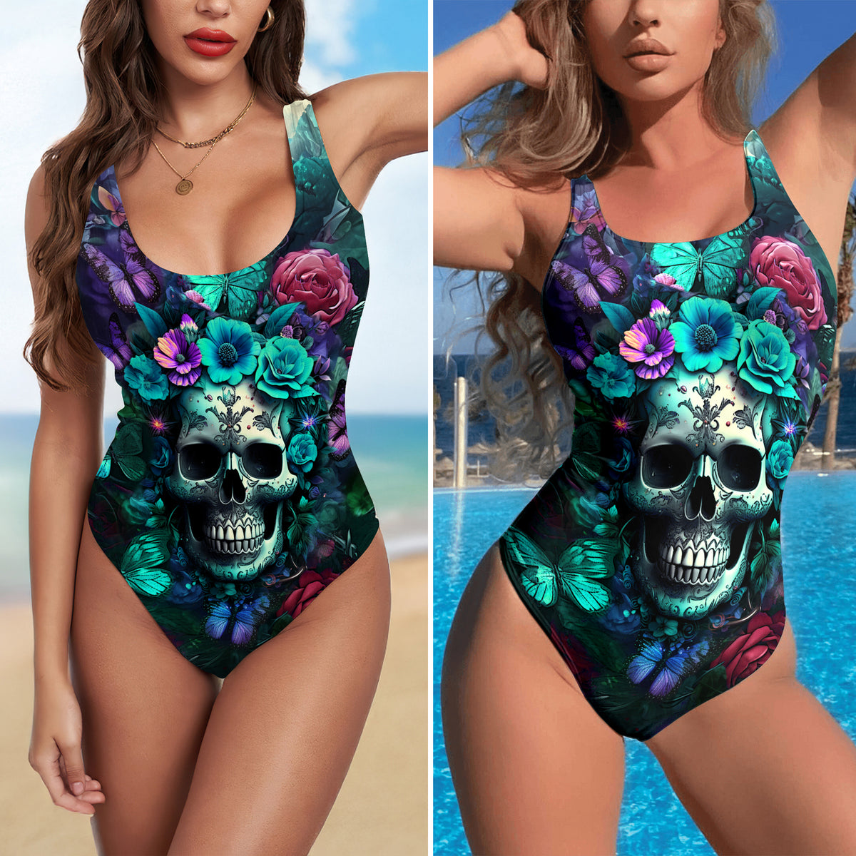 One Piece Bikini Midnight Garden Skull Print Swimwear