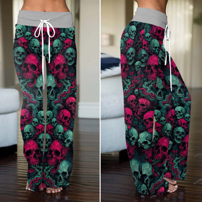 Toxic Pink Skulls Pattern Women's High-waisted Wide Leg Pants