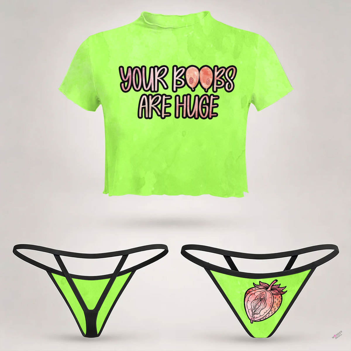 Wonder Skull  sheer mesh crop top and thong set delivers the perfect balance of comfortable and confident. Ultra-lightweight mesh fabric breathes freely against your skin while stretching gently to hug your natural curves without any restrictive squeezing. Playful lettuce edge trim at the neckline, sleeves, and hem adds cute feminine detail with soft ruffled texture. The flattering cropped length hits perfectly above your waist, creating an elongated silhouette that makes you feel amazing. Whether you're we
