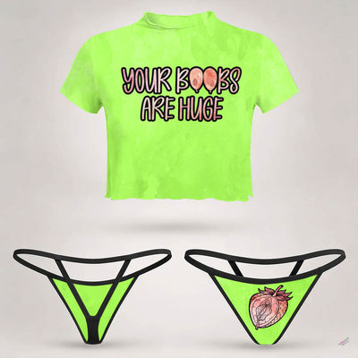 Wonder Skull  sheer mesh crop top and thong set delivers the perfect balance of comfortable and confident. Ultra-lightweight mesh fabric breathes freely against your skin while stretching gently to hug your natural curves without any restrictive squeezing. Playful lettuce edge trim at the neckline, sleeves, and hem adds cute feminine detail with soft ruffled texture. The flattering cropped length hits perfectly above your waist, creating an elongated silhouette that makes you feel amazing. Whether you're we