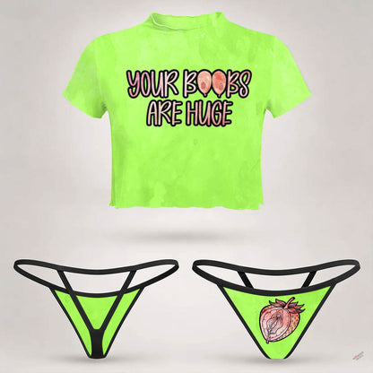 Wonder Skull  sheer mesh crop top and thong set delivers the perfect balance of comfortable and confident. Ultra-lightweight mesh fabric breathes freely against your skin while stretching gently to hug your natural curves without any restrictive squeezing. Playful lettuce edge trim at the neckline, sleeves, and hem adds cute feminine detail with soft ruffled texture. The flattering cropped length hits perfectly above your waist, creating an elongated silhouette that makes you feel amazing. Whether you're we