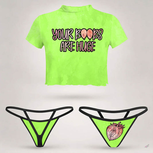 Wonder Skull  sheer mesh crop top and thong set delivers the perfect balance of comfortable and confident. Ultra-lightweight mesh fabric breathes freely against your skin while stretching gently to hug your natural curves without any restrictive squeezing. Playful lettuce edge trim at the neckline, sleeves, and hem adds cute feminine detail with soft ruffled texture. The flattering cropped length hits perfectly above your waist, creating an elongated silhouette that makes you feel amazing. Whether you're we