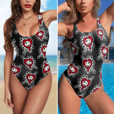 One Piece Bikini Punk Heart Skull Pulse Print Swimwear