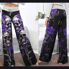 Violet Skull Flower Gothic Women's High-waisted Wide Leg Pants | Wonder Skull