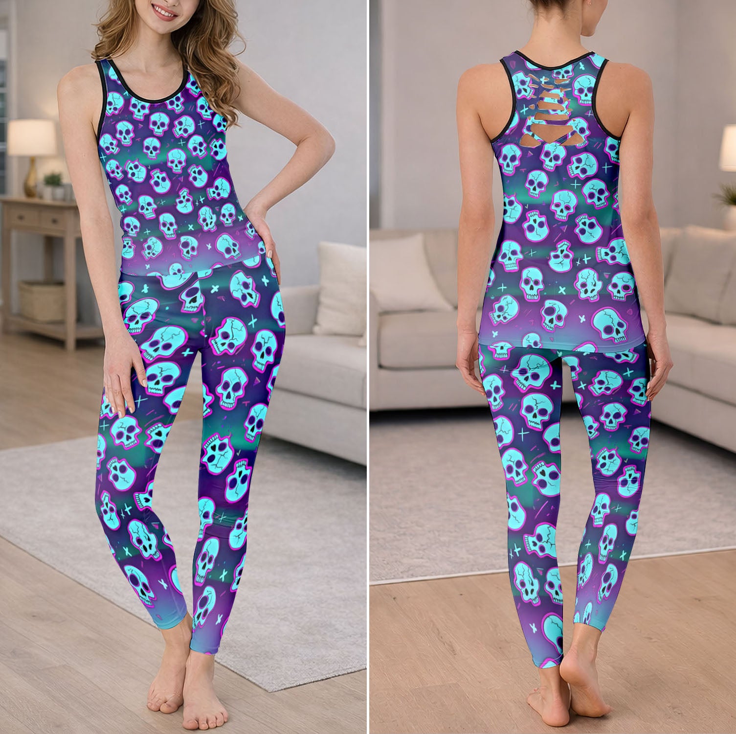 Static Wave Skull Pattern Tanktop and Leggings