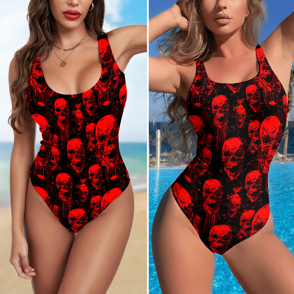 One Piece Bikini Red Skullstorm Pattern Print Swimwear