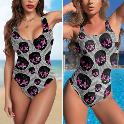 One Piece Bikini Neon Anarchy Glitch Skull Print Swimwear