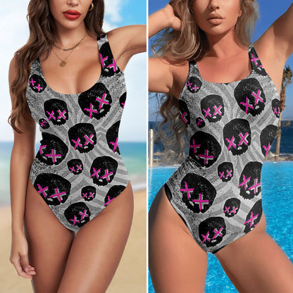 One Piece Bikini Neon Anarchy Glitch Skull Print Swimwear