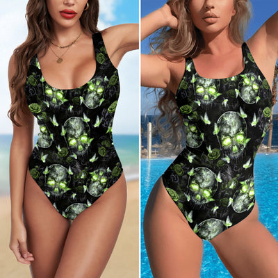 One Piece Bikini Neon Green Skull Pattern Print Swimwear