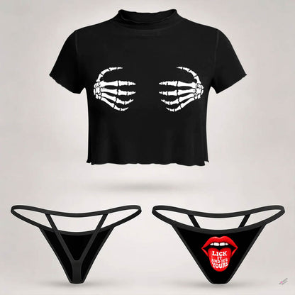 Wonder Skull  sheer mesh crop top and thong set delivers the perfect balance of comfortable and confident. Ultra-lightweight mesh fabric breathes freely against your skin while stretching gently to hug your natural curves without any restrictive squeezing. Playful lettuce edge trim at the neckline, sleeves, and hem adds cute feminine detail with soft ruffled texture. The flattering cropped length hits perfectly above your waist, creating an elongated silhouette that makes you feel amazing. Whether you're we