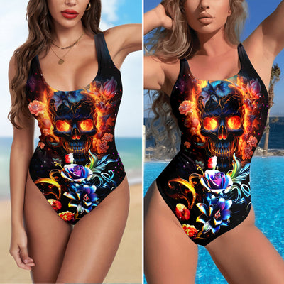 One Piece Bikini Spectral Garden Skull Flaming Print Swimwear