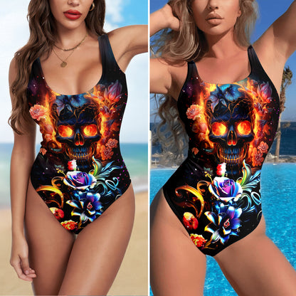 One Piece Bikini Spectral Garden Skull Flaming Print Swimwear