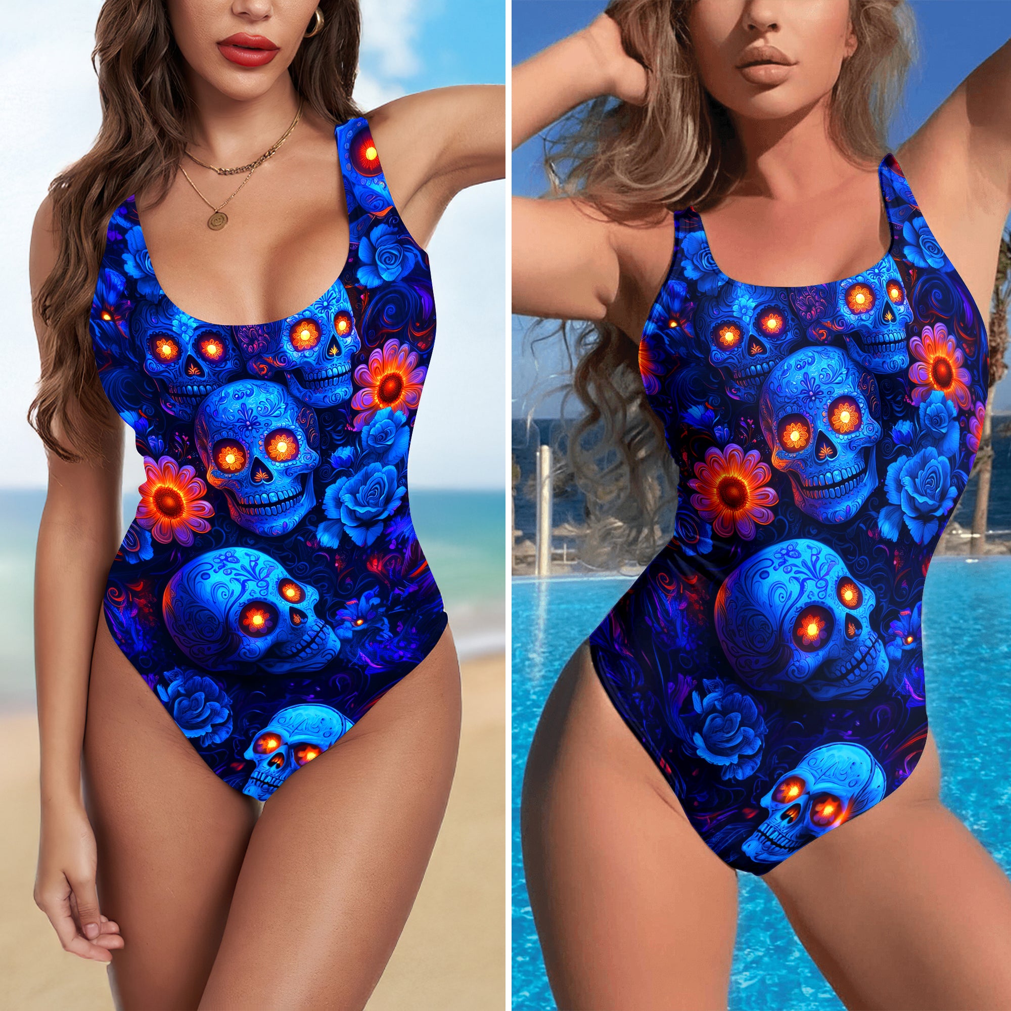 One Piece Bikini Electric Azul Sugar Skull Print Swimwear