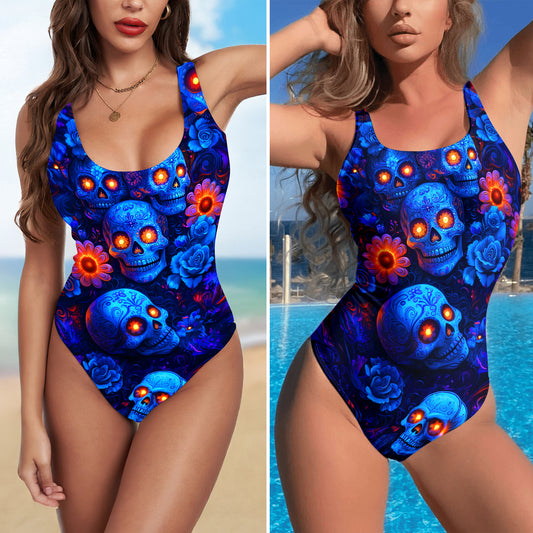 One Piece Bikini Electric Azul Sugar Skull Print Swimwear