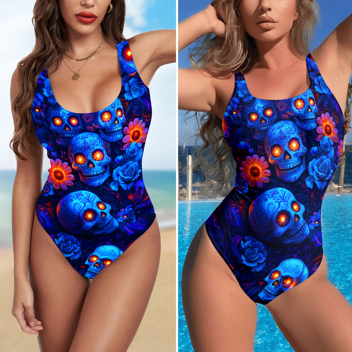 One Piece Bikini Electric Azul Sugar Skull Print Swimwear