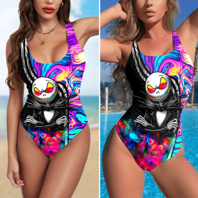 One Piece Bikini Skeleton Abstract Rainbow Print Swimwear