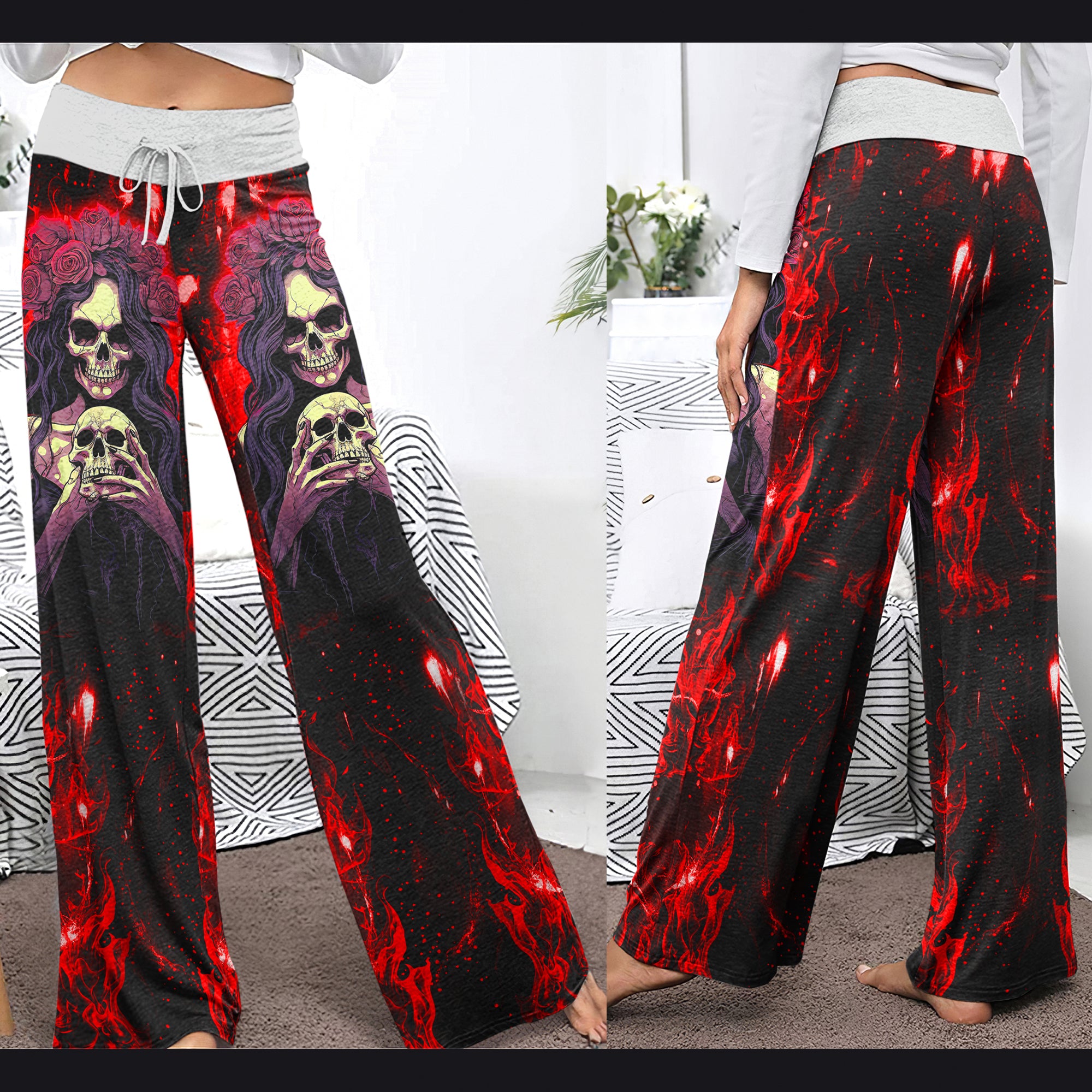 Red Fire Skull Art Women's High-waisted Wide Leg Pants | Wonder Skull