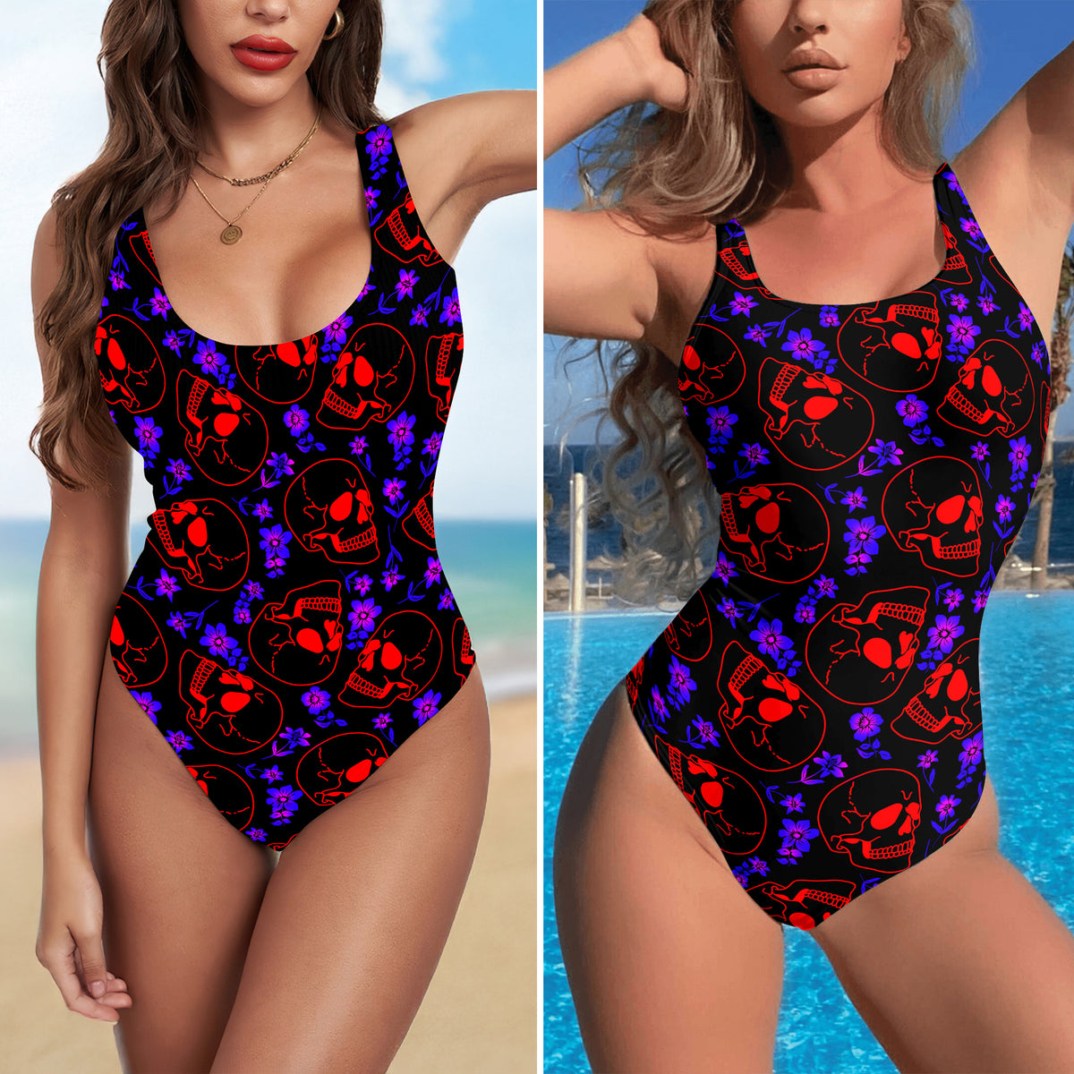 One Piece Bikini Red Skull Neon Pattern Print Swimwear