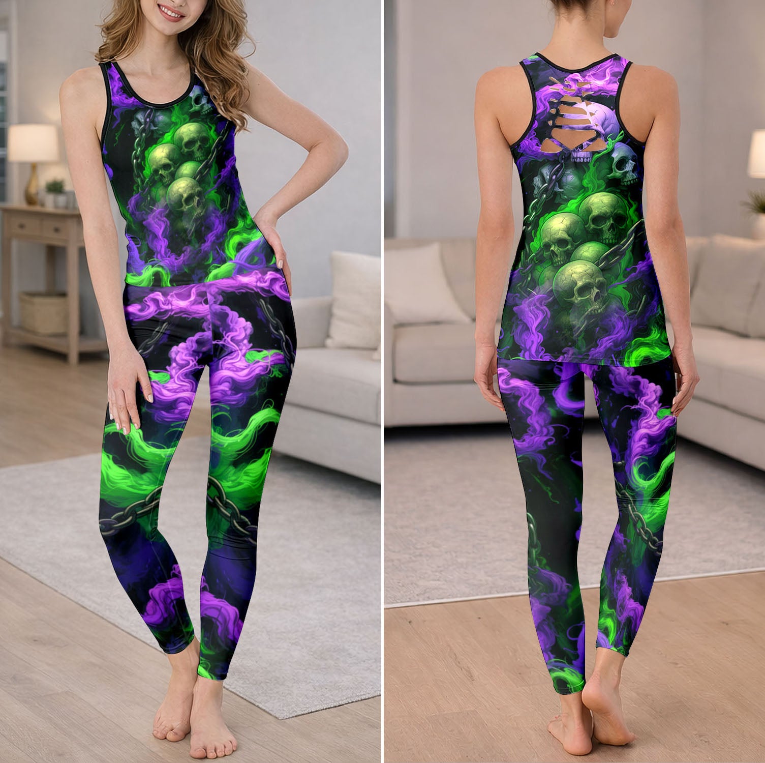 Neon Flaming Skull Art Tanktop and Leggings