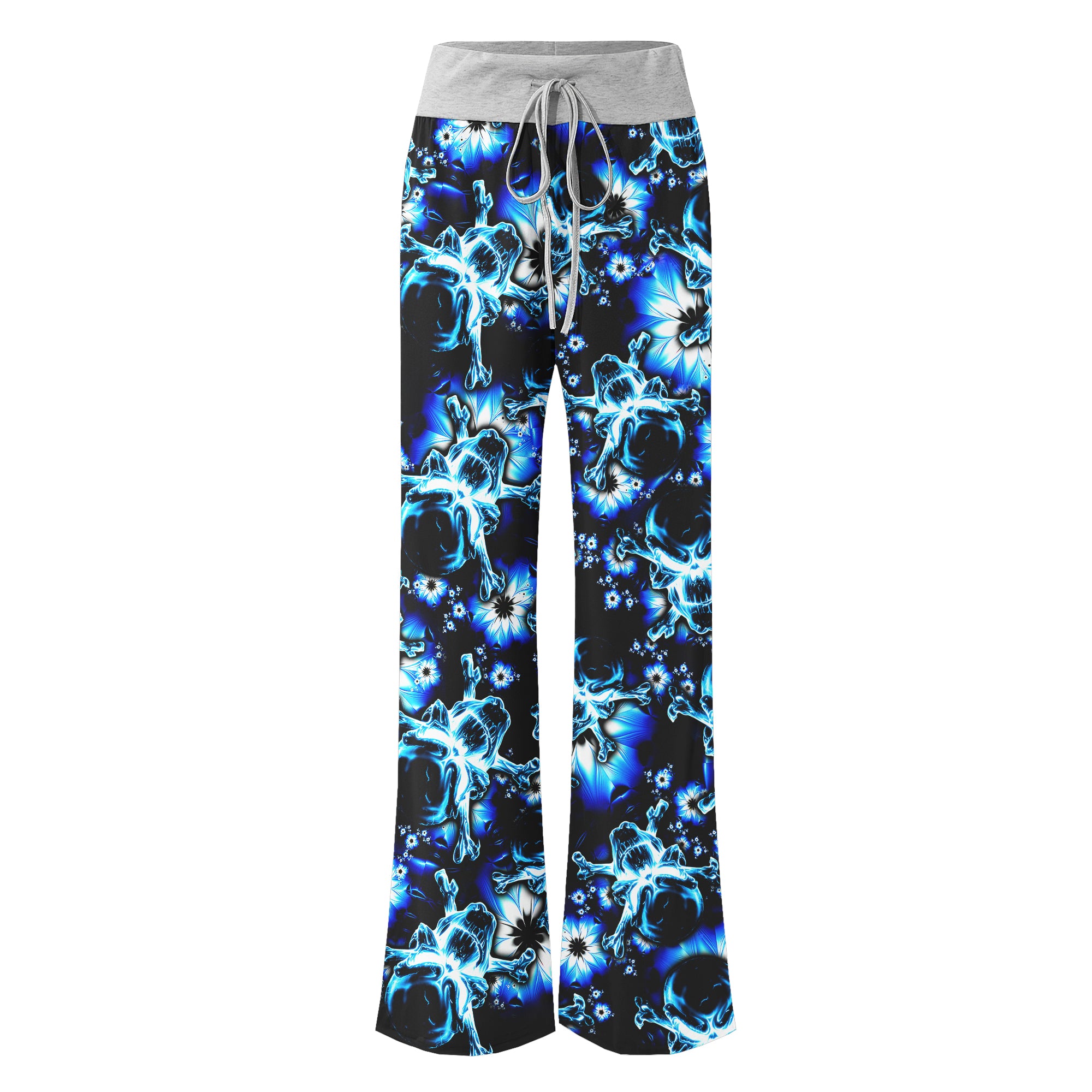 Dark Blue Skull Floral Women's High-waisted Wide Leg Pants | Wonder Skull