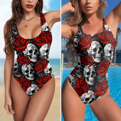 One Piece Bikini Velvet Shadow Skull Rose Print Swimwear