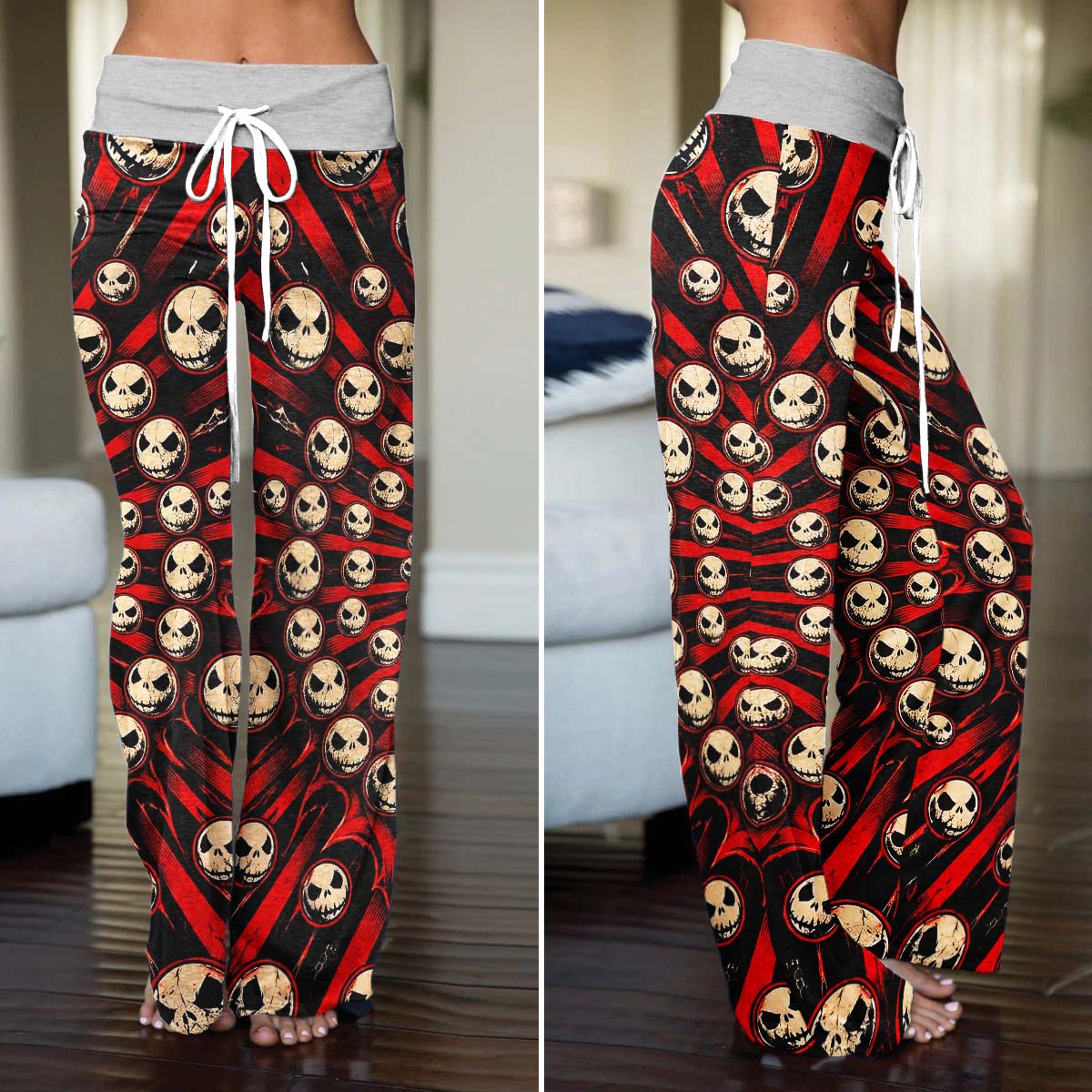Gothic Crimson Skulls Women's High-waisted Wide Leg Pants