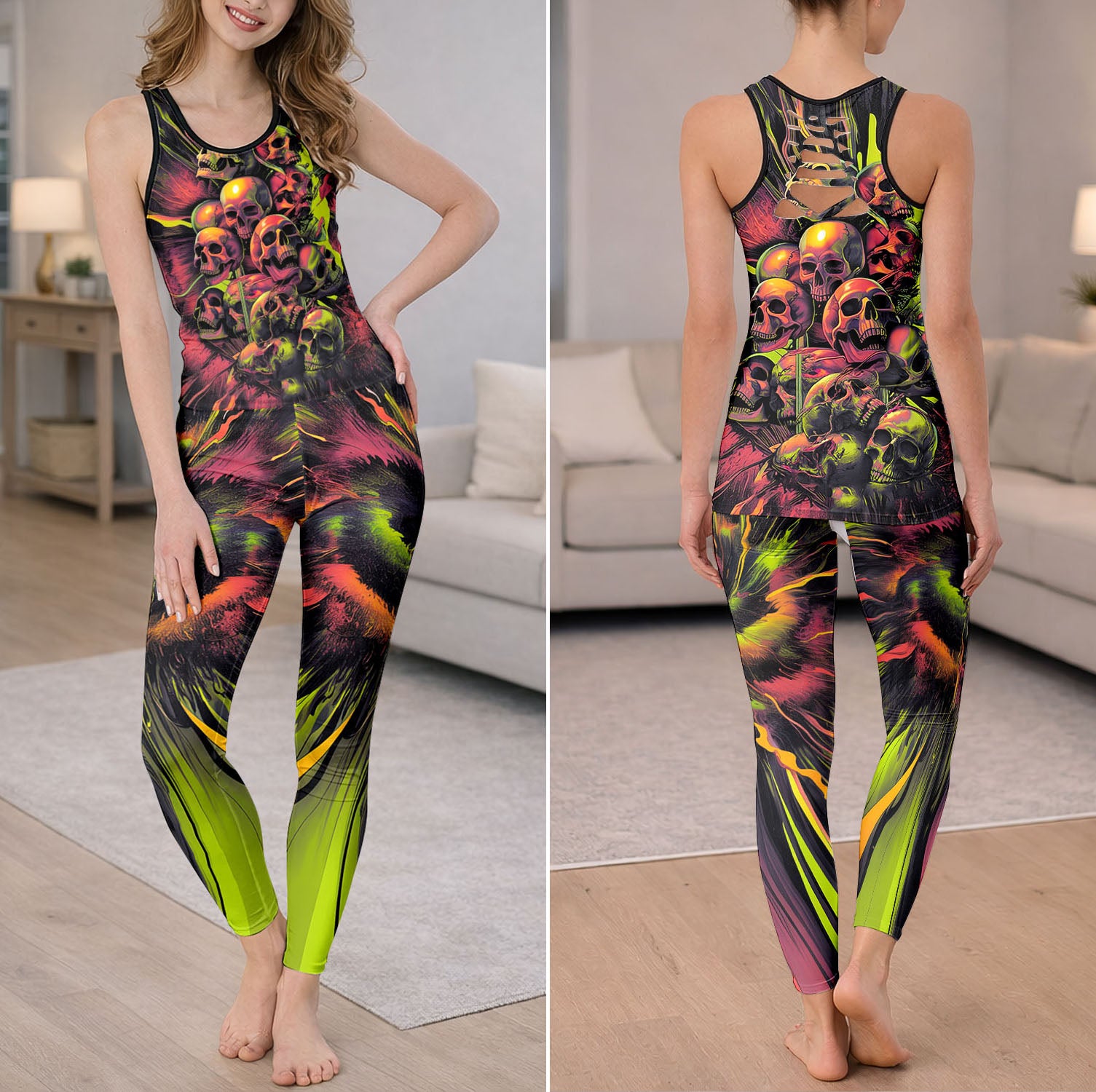 Neon Thunder Skull Art Tanktop and Leggings