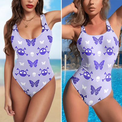 One Piece Bikini Lavender Skull Dreamscape Print Swimwear