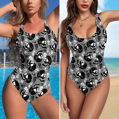 One Piece Bikini Gothic Skull Tapestry Pattern Print Swimwear