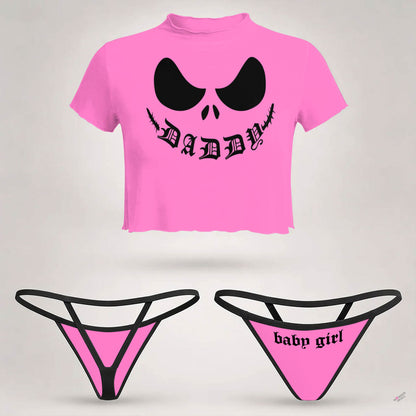 Wonder Skull  sheer mesh crop top and thong set delivers the perfect balance of comfortable and confident. Ultra-lightweight mesh fabric breathes freely against your skin while stretching gently to hug your natural curves without any restrictive squeezing. Playful lettuce edge trim at the neckline, sleeves, and hem adds cute feminine detail with soft ruffled texture. The flattering cropped length hits perfectly above your waist, creating an elongated silhouette that makes you feel amazing. Whether you're we